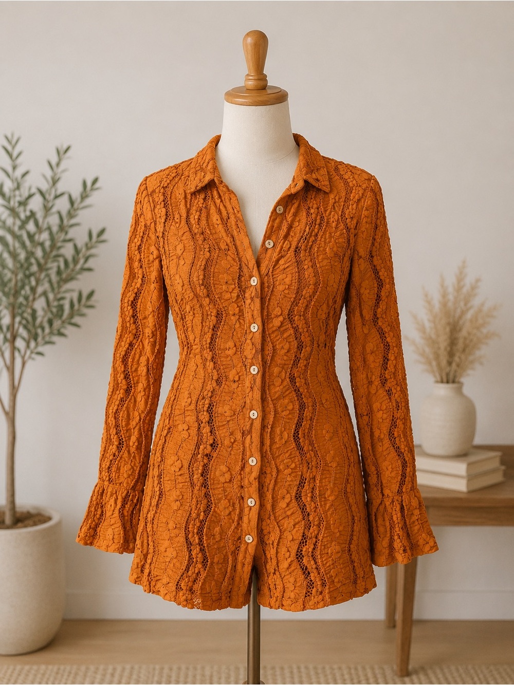 Free People Burnt Orange Lace Button-Down Tunic